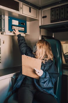 A paramedic in an ambulance adjusts the control panel while holding a clipboard.