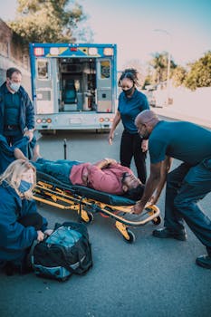 Paramedics assist a patient on a stretcher beside an ambulance during the day.