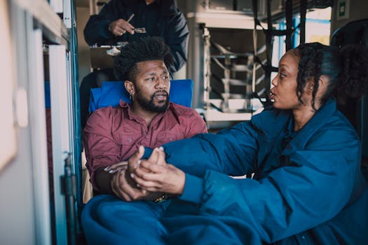 A paramedic provides support to a man in an ambulance, ensuring his safety and comfort.
