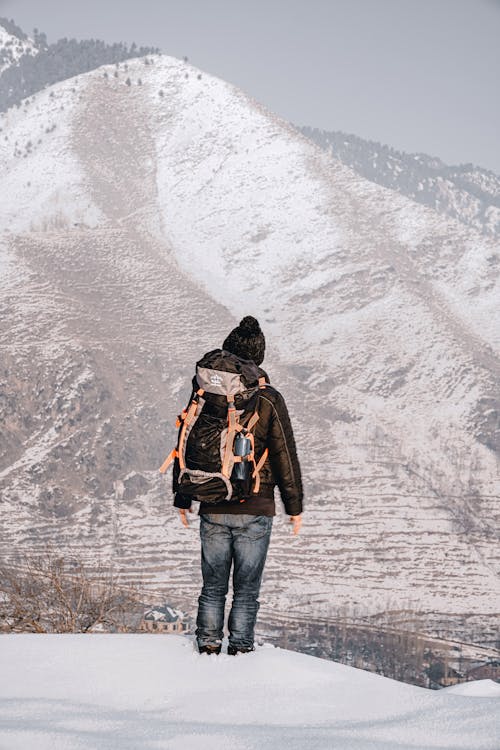 Free Back View of a Person Standing on Snowy Ground Stock Photo