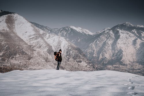 A Man Standing on Snowy Mountain
