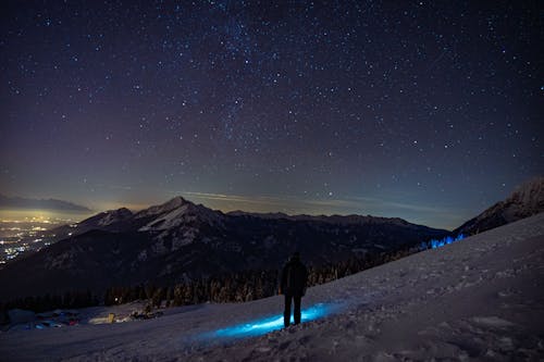 Hiker Admiring the Night Sky over Snowcapped Mountains