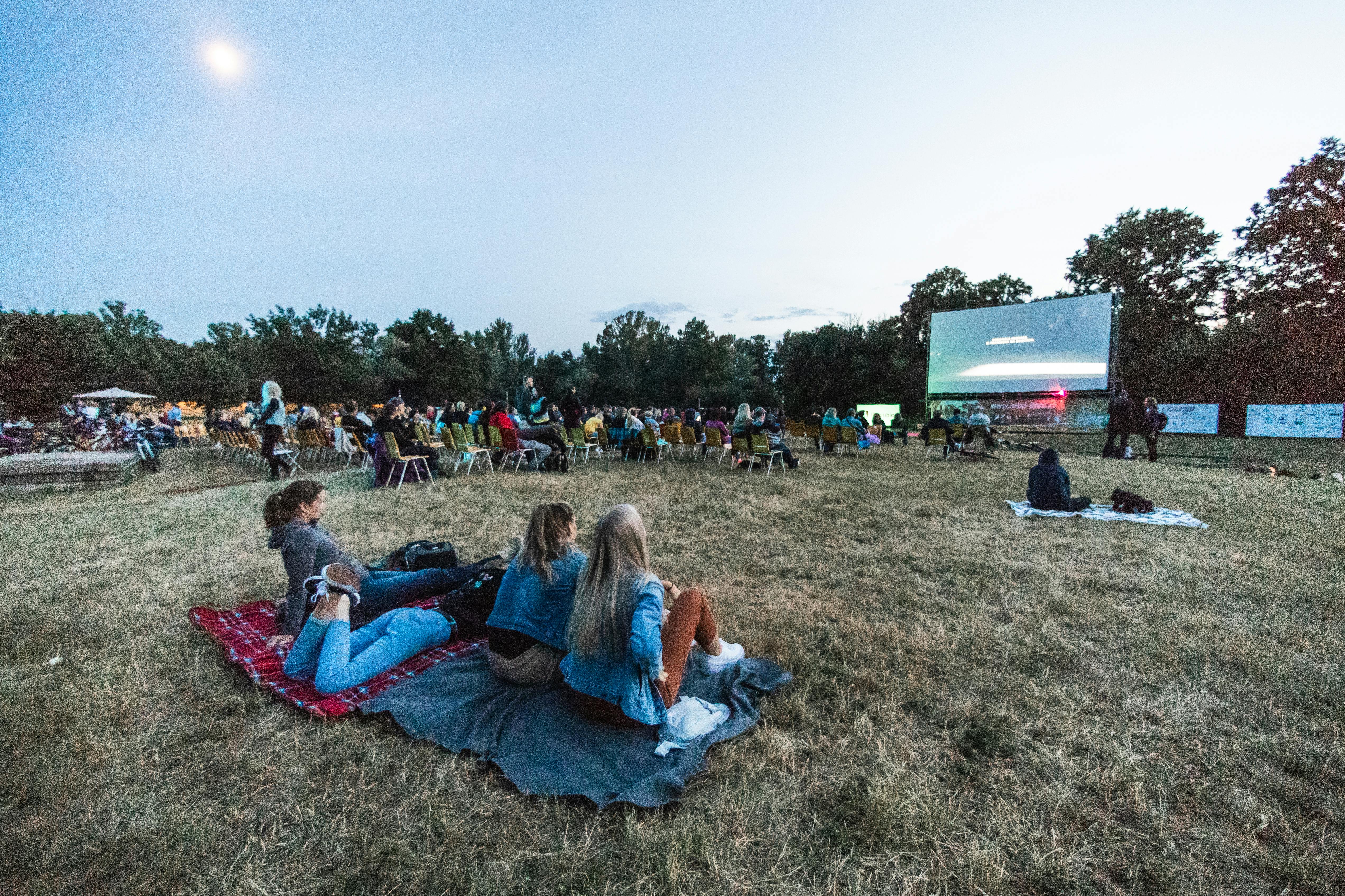 Free People enjoying an outdoor movie night under the sky in a scenic setting surrounded by trees. Stock Photo