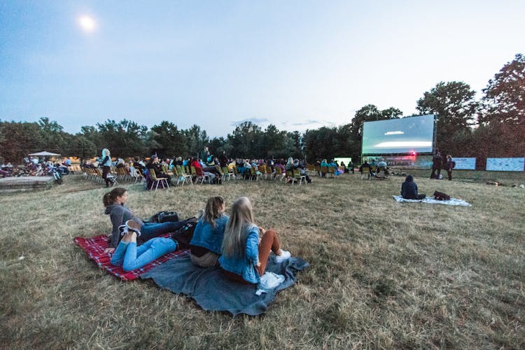 People Sitting On Green Grass Field In An Outdoor Cinema 