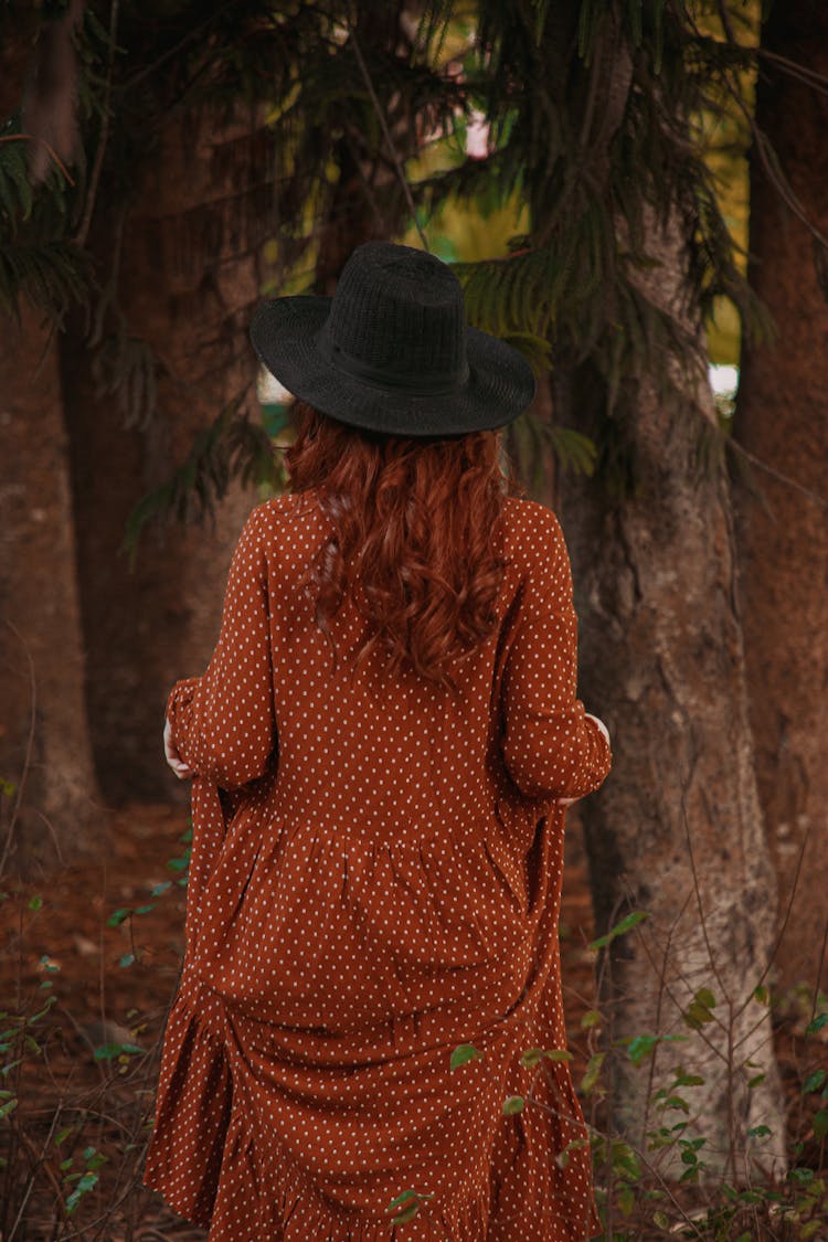 Back View Of A Woman In A Hat And A Dress In A Forest