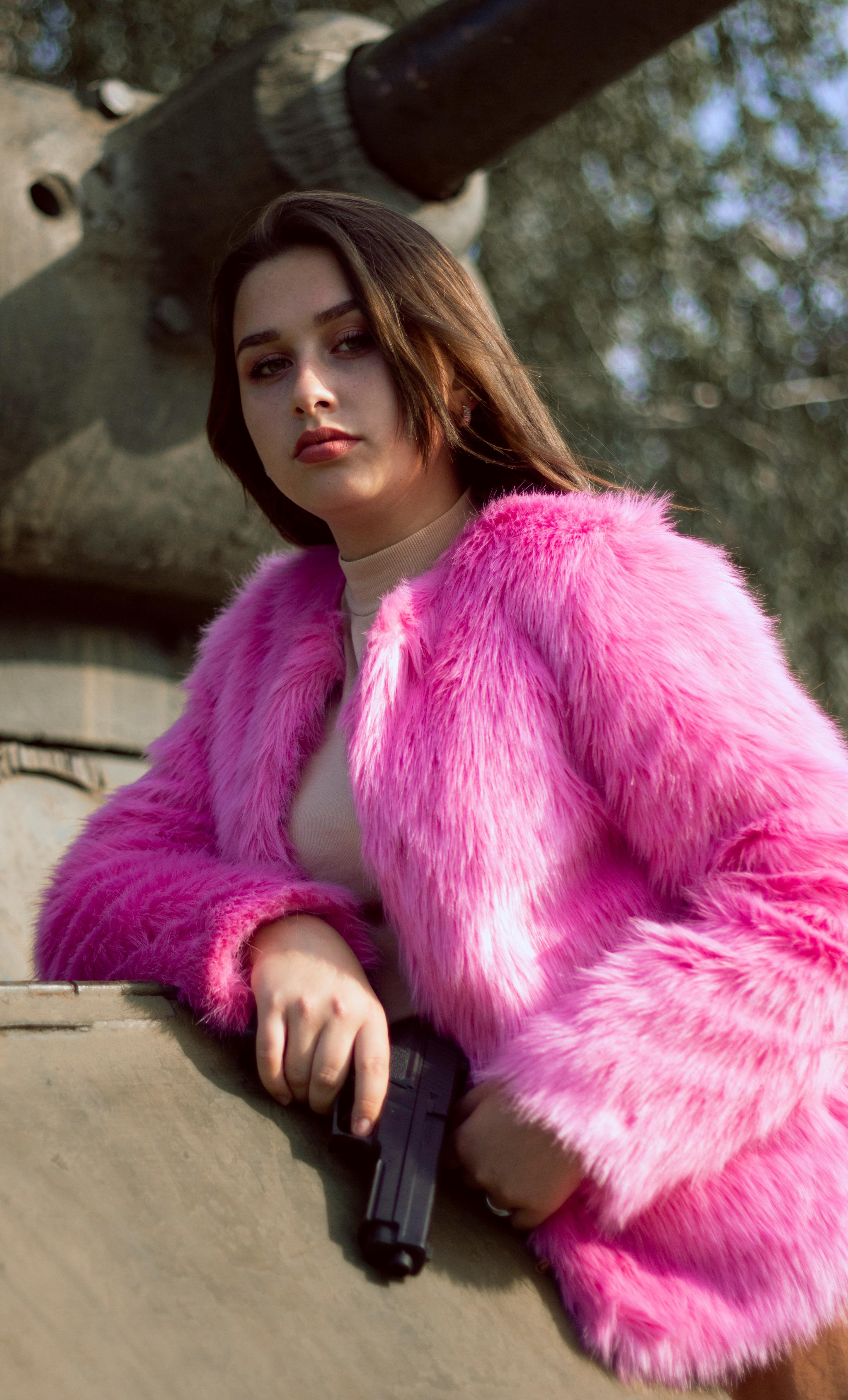 Pink and black fur clearance coat