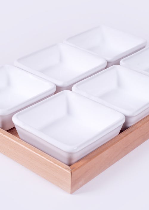 Porcelain Square Bowls in a Wooden Tray