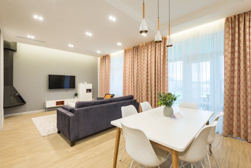 Interior of apartment with couch and table