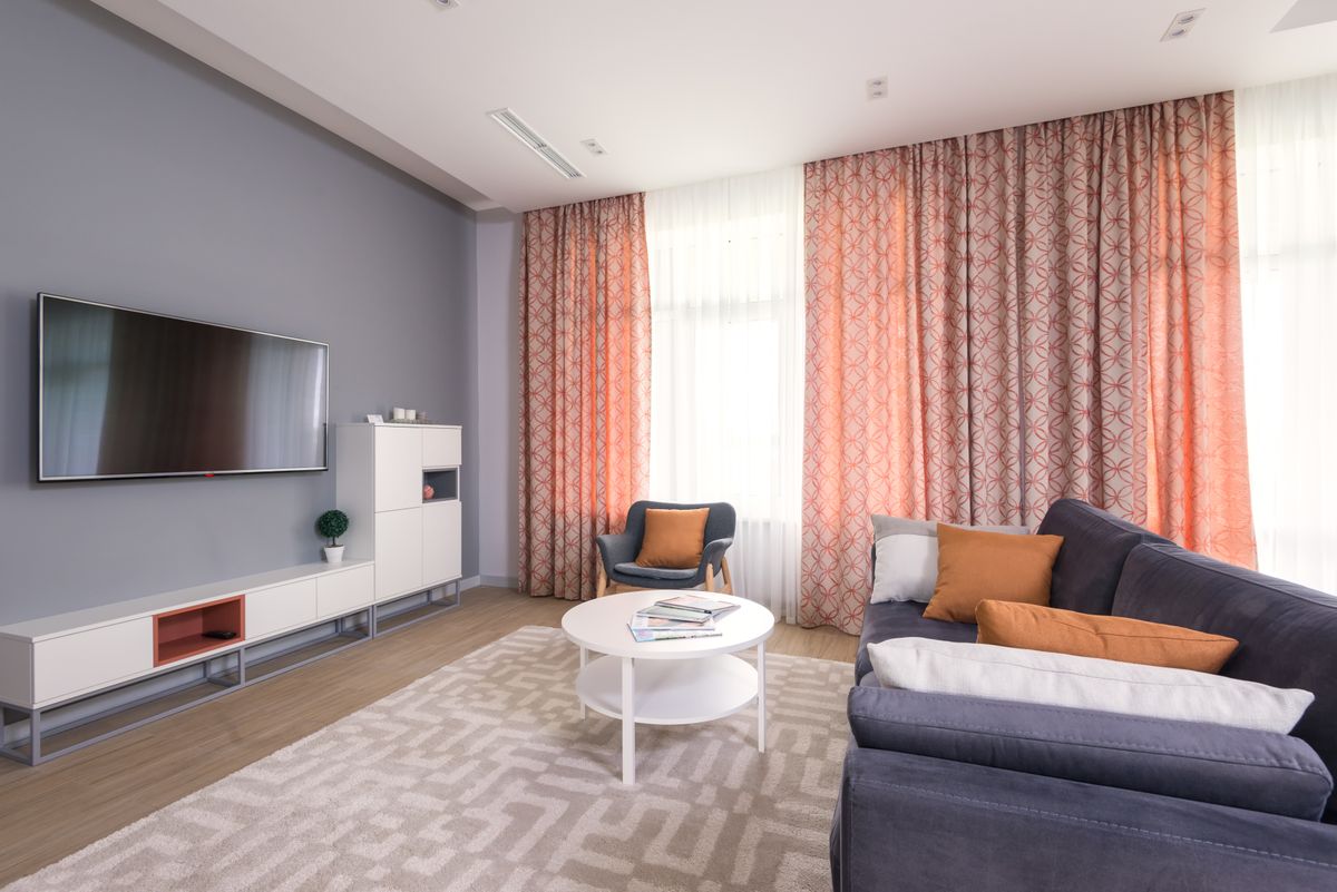 Cozy living room with modern sofa and television