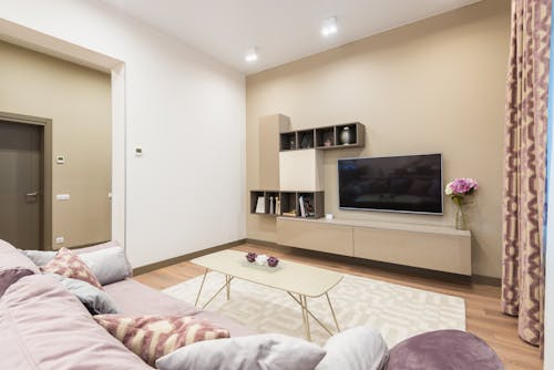 Soft couch and modern furniture with TV set in cozy apartment