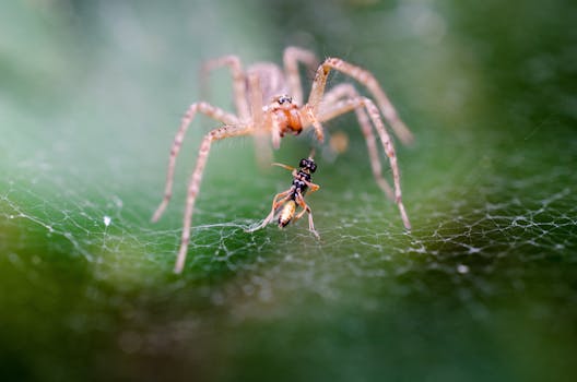 Close-up macro image of a spider capturing an ant on an intricate web outdoors.
