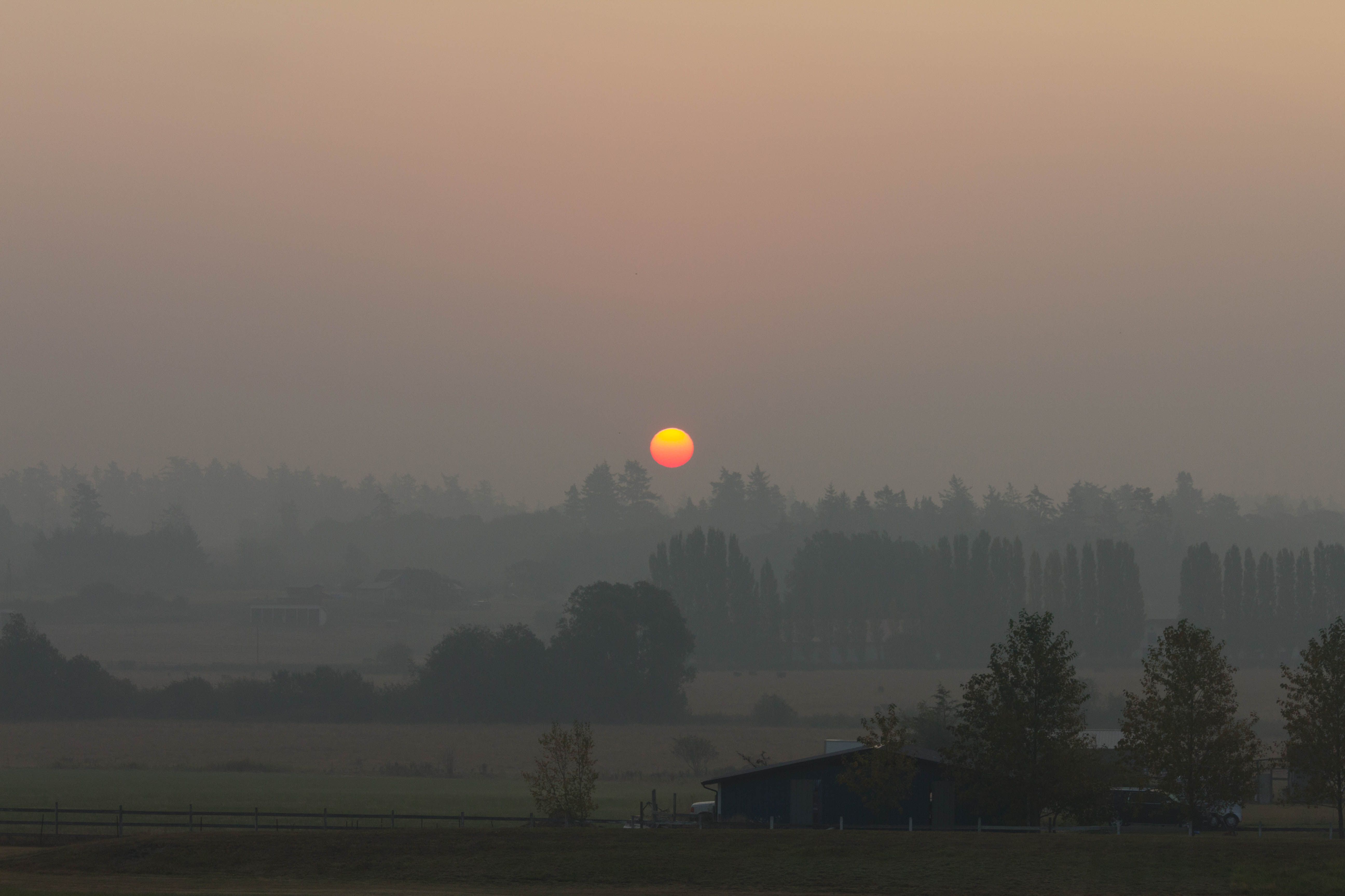 A hazy golden sunset over rural countryside in Washington state