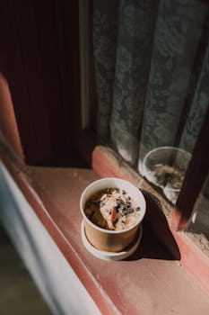 Warm oatmeal with fruit in a sunlit window setting, perfect for a healthy breakfast.