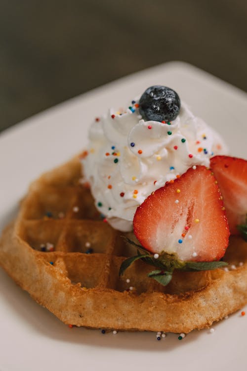 Free Close Up Shot of a Strawberry Waffle Stock Photo