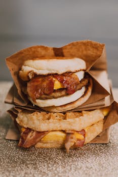 Close-up of tasty breakfast sandwiches wrapped in brown paper, featuring bacon, cheese, and eggs.