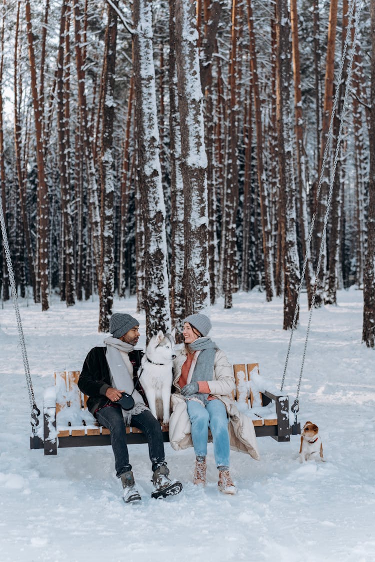 People Sitting On Brown Wooden Bench Surrounded By Snow Covered Trees