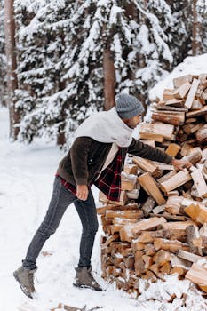 Adult man in winter attire arranging firewood in a snow-covered forest.