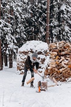 A man dressed in winter clothes chopping wood outdoors in a snowy forest, surrounded by wood piles.