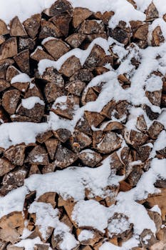 Close-up of a stacked pile of firewood covered in snow, capturing the essence of winter.