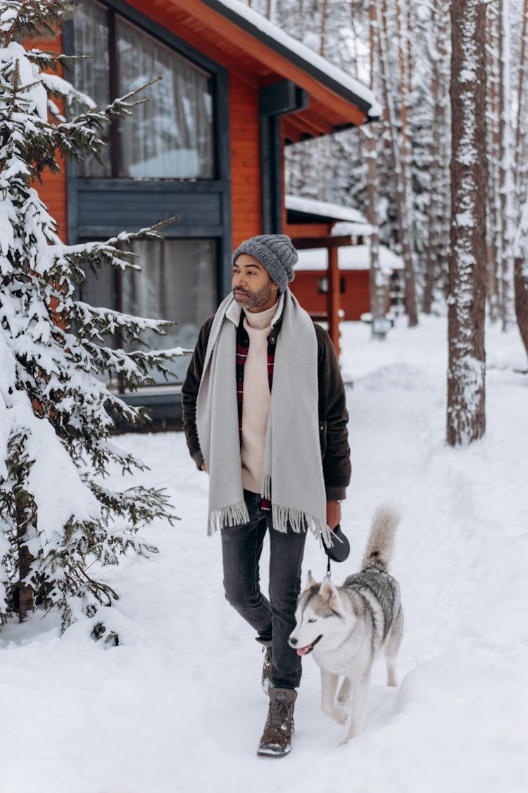 A Man Walking His Dog In A Winter Forest