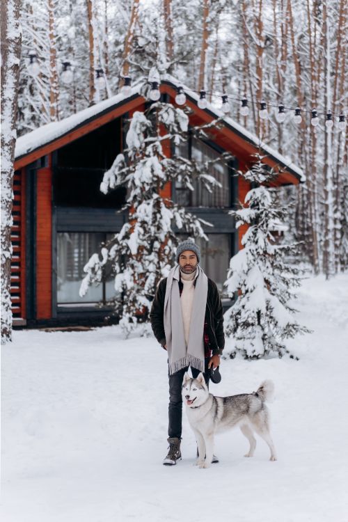 Free A man stands with a Siberian Husky in front of a snow-covered cabin in a winter forest setting. Stock Photo