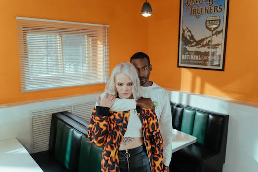 A loving multiracial couple embraces in a retro diner with vibrant orange walls.