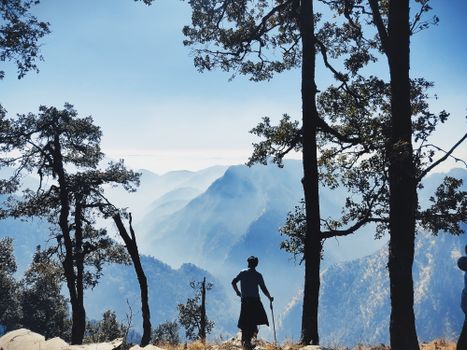 A lone hiker enjoying a stunning view of misty mountains through trees. Perfect for travel inspiration.