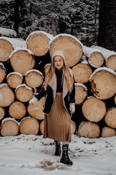 A woman stands in winter attire in front of stacked snow-covered logs in Oberhof, Germany.