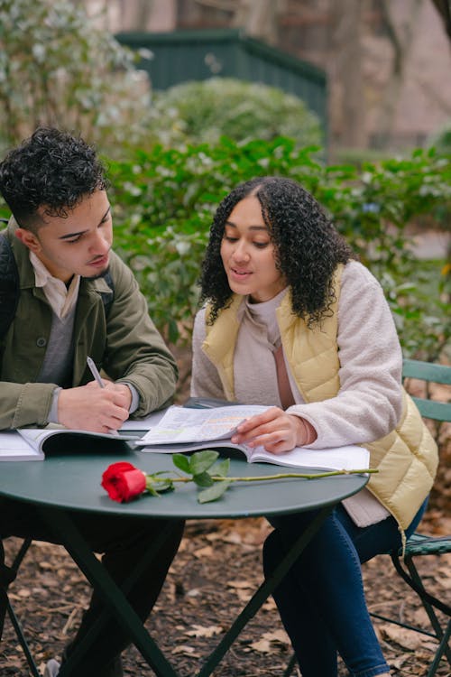 Free Young Latin American couple in warm clothes sitting on chair at table while studying and reading textbooks near red rose on street near bushes and fallen leaves on ground Stock Photo