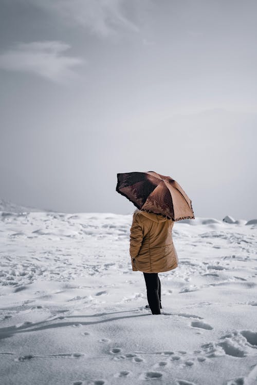 A Person in Brown Winter Jacket with Umbrella Standing on Snow Covered Ground