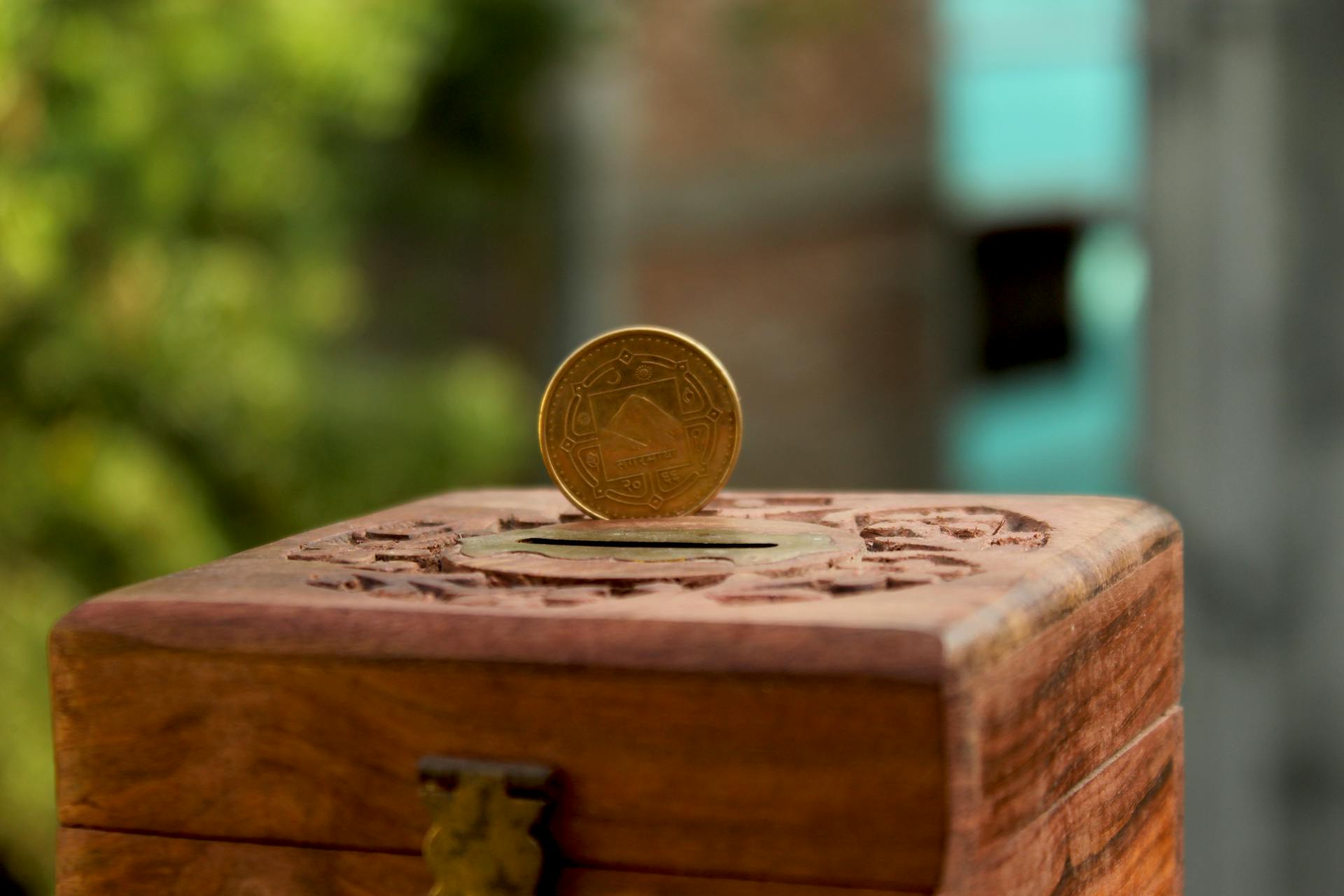 Close-up of a golden coin resting on a carved wooden piggy bank in an outdoor setting.