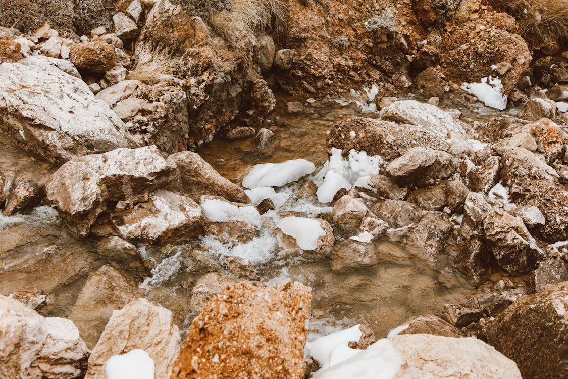 Pieces of Ice Melting in a Rocky River