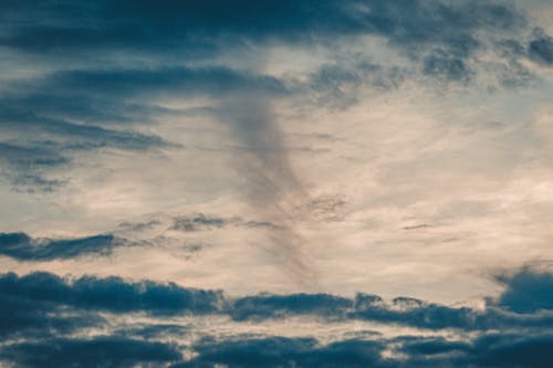 From below of bright sky with white and dark fluffy cumulus clouds floating high in air in evening time in nature