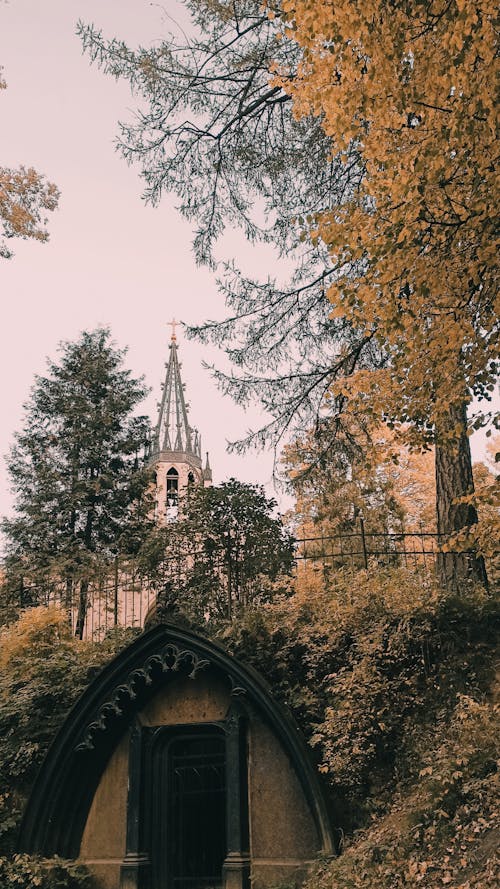 Free Entrance to Crypt and Church in Background Stock Photo
