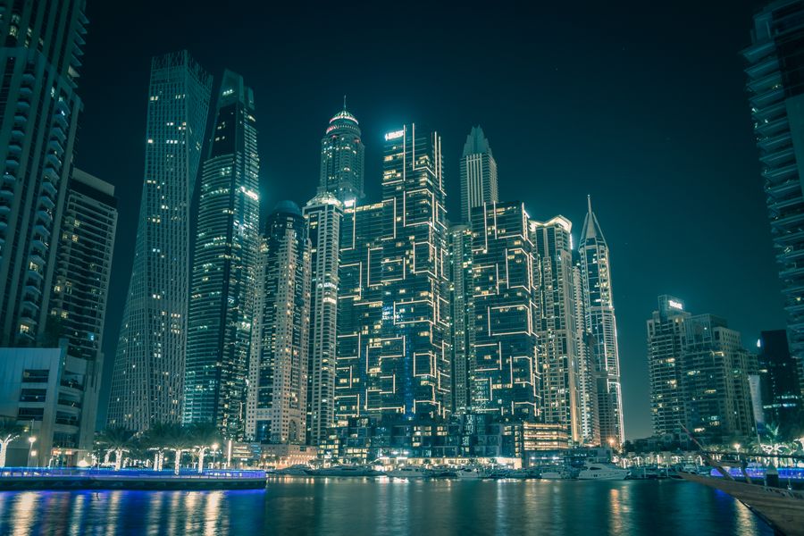 Skyscrapers illuminated at night