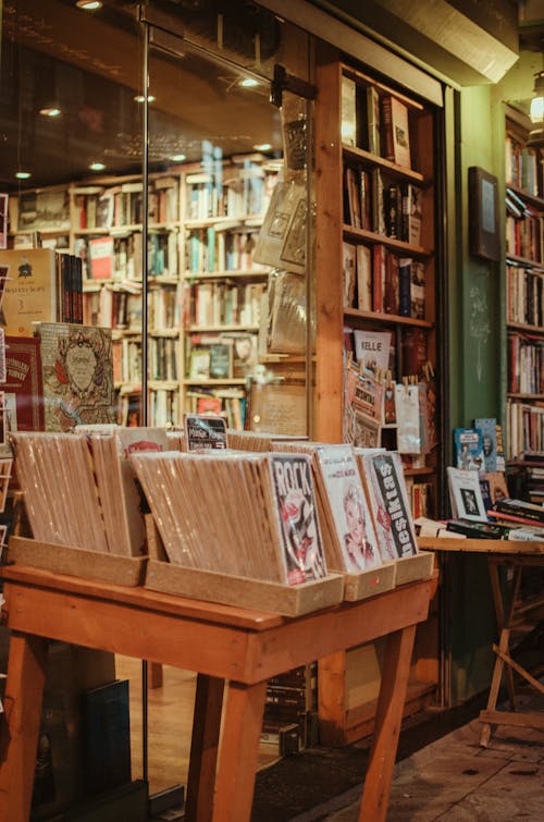 Vintage bookstore with old wooden furniture