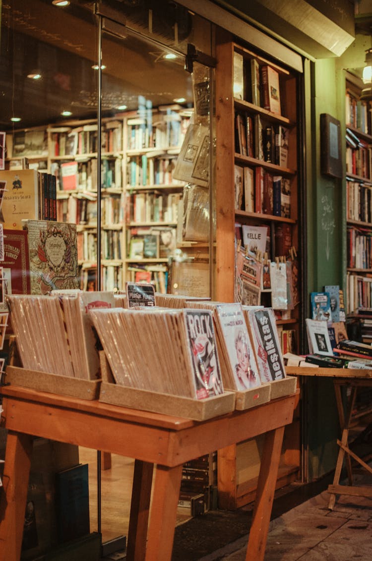 Vintage Bookstore With Old Wooden Furniture