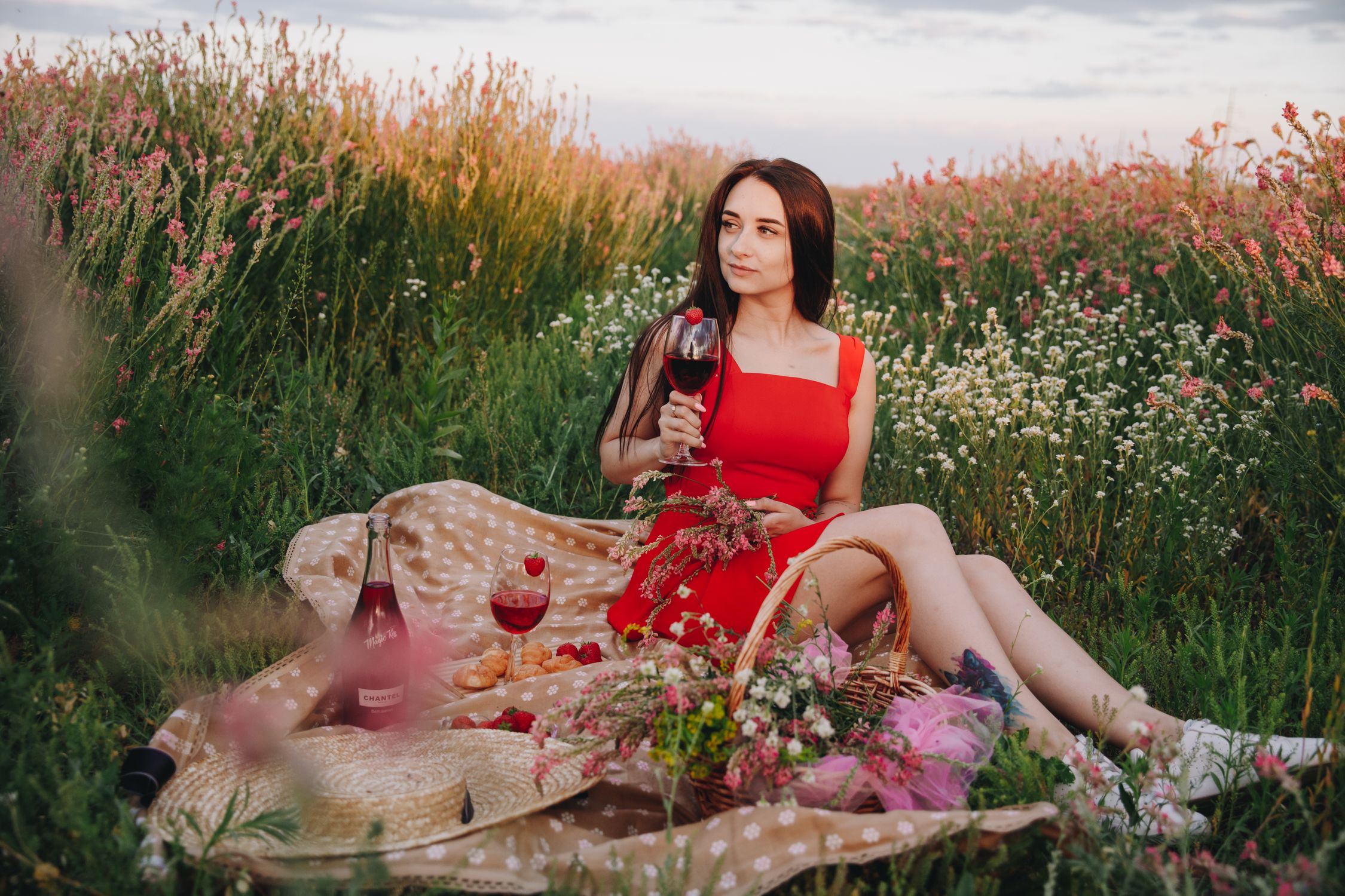 Woman in Red Dress Sitting on Flower field · Free Stock Photo