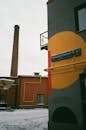 Chimney of factory boiler house in snowy Moscow
