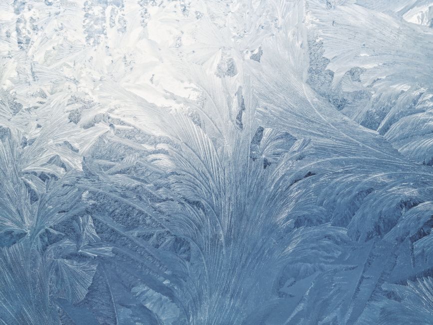 Close-up of delicate frost formations resembling feathers on a glass surface in winter.