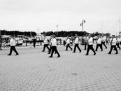 Grayscale Photo of People Walking on the Street