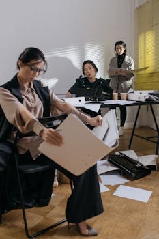 Three professional women handling documents in a busy office setting with scattered files around.
