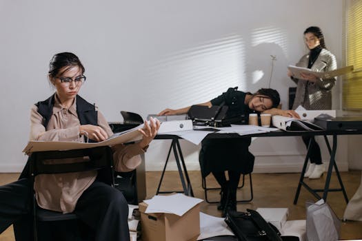 Three women overwhelmed with paperwork in a cluttered office setting.