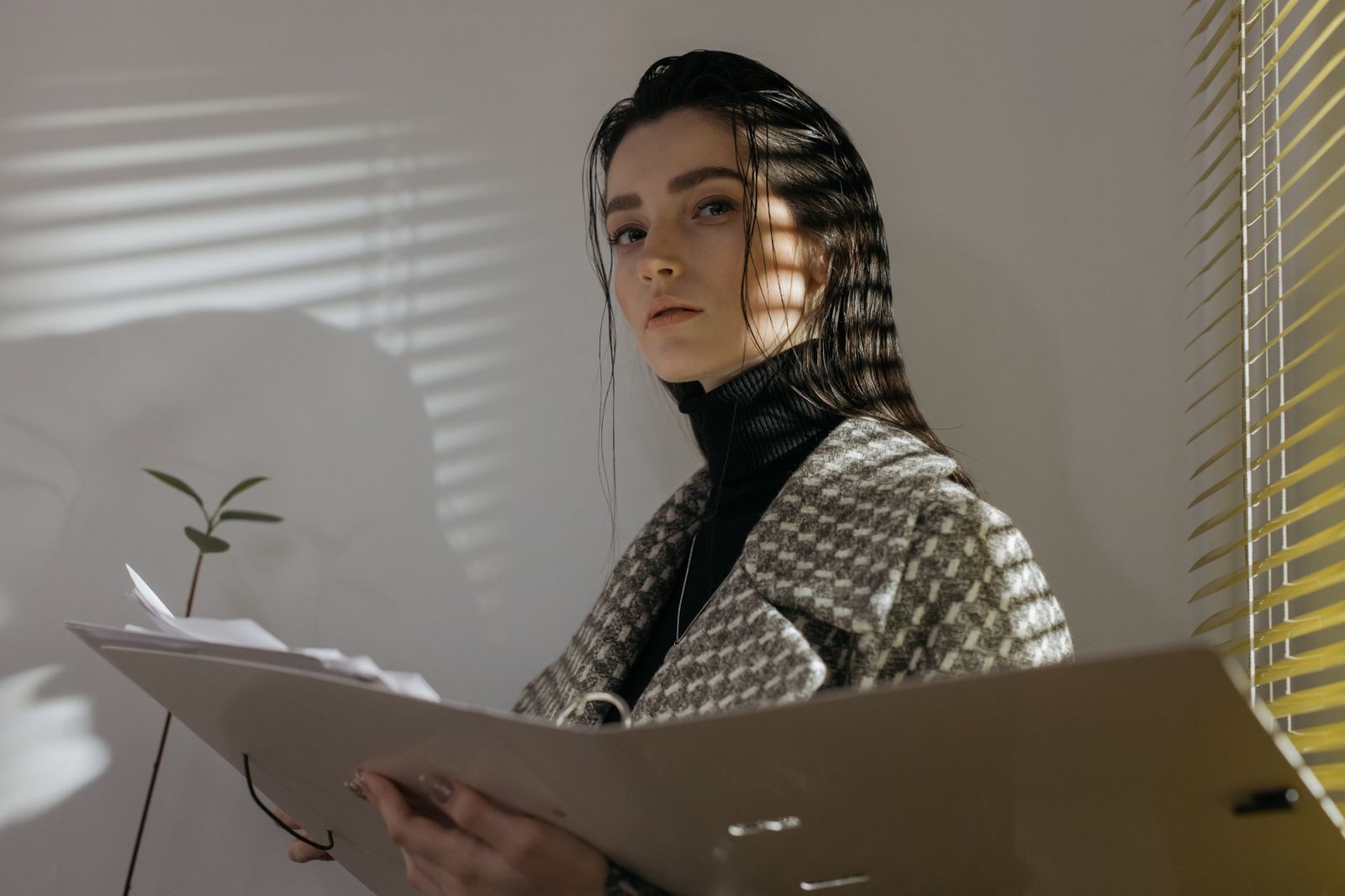 Stylish woman in houndstooth coat holding file folder. Light and shadow create dramatic effect.