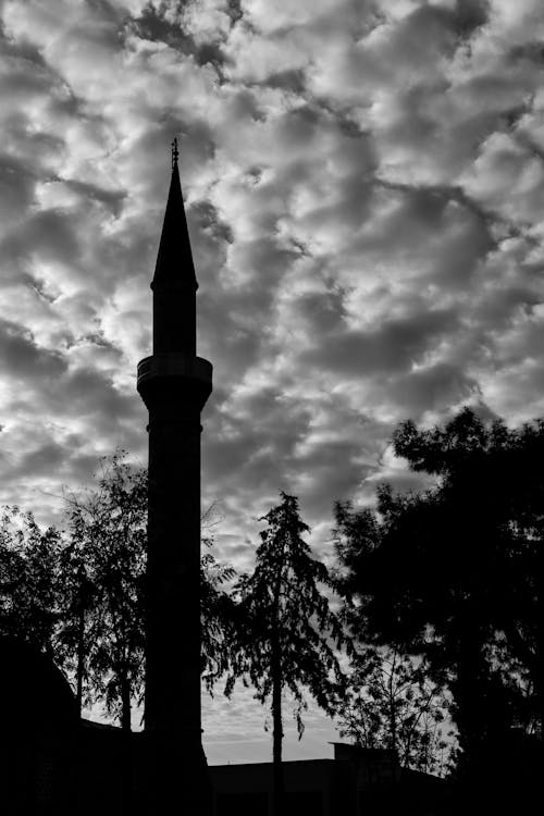 Free A Grayscale of a Tower under a Cloudy Sky Stock Photo
