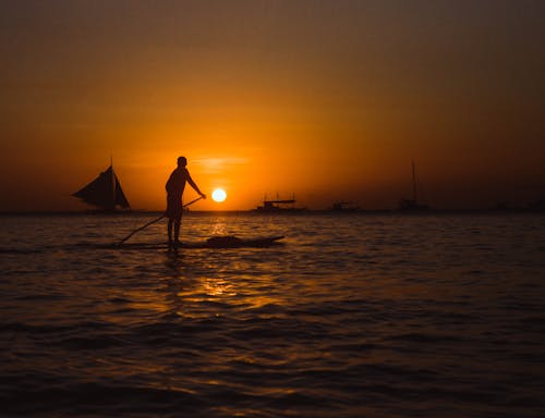 Silhouette of a Person Paddle Boarding