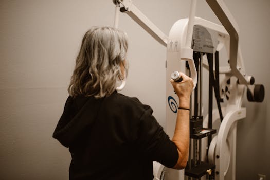 A senior woman uses the lat pulldown machine in a gym for strength training.