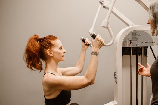Woman working out on lat pulldown machine while being guided by a trainer.