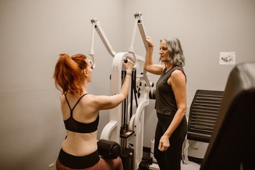 Two women engaged in a workout session using gym equipment, promoting fitness and empowerment.