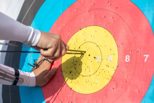 Free A Person Pulling Arrows From Archery Target Board Stock Photo